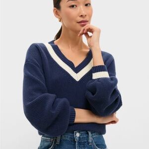 Tuckernuck Deep Blue V-Neck Sweater with Cream Details